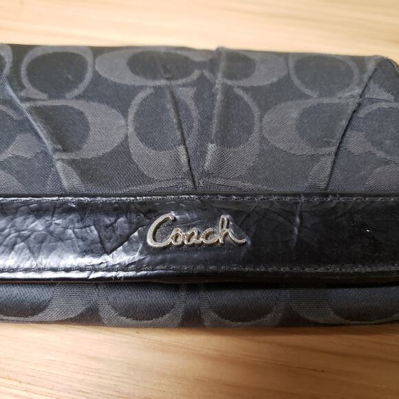 Coach Black Monogram Accordion Fold Wallet Retro Logo Multi Compartment Travel - Picture 2 of 6